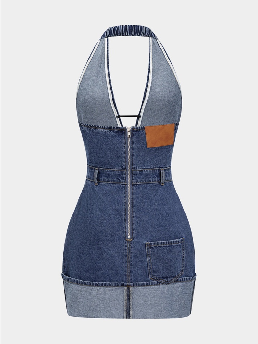Plunging Halter Denim Mini Dress in Dark Blue - Picture 2 of 5